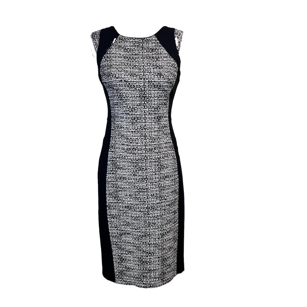 White House Black Market Dress size 0 Black White Silver Tweed Cocktail Evening